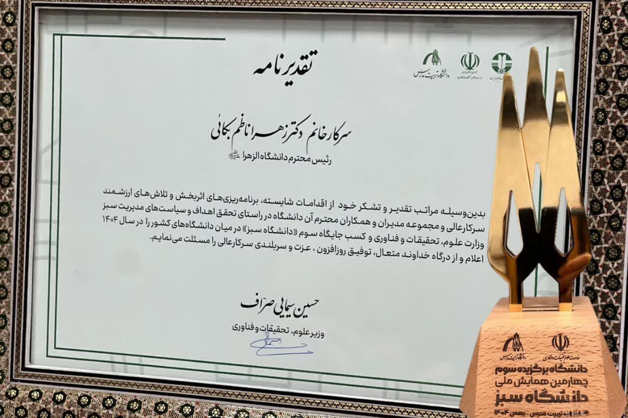 موفقیت دانشگاه الزهرا(س) در چهارمین همایش ملی دانشگاه سبز؛ کسب رتبه سوم کشوری